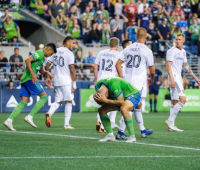 Seattle Sounder Jordan Morris holds his head in frustration during a match against Real Salt Lake