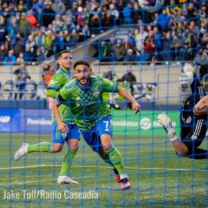 Cristian Roldan scores a goal for Seattle Sounders against Colorado Rapids